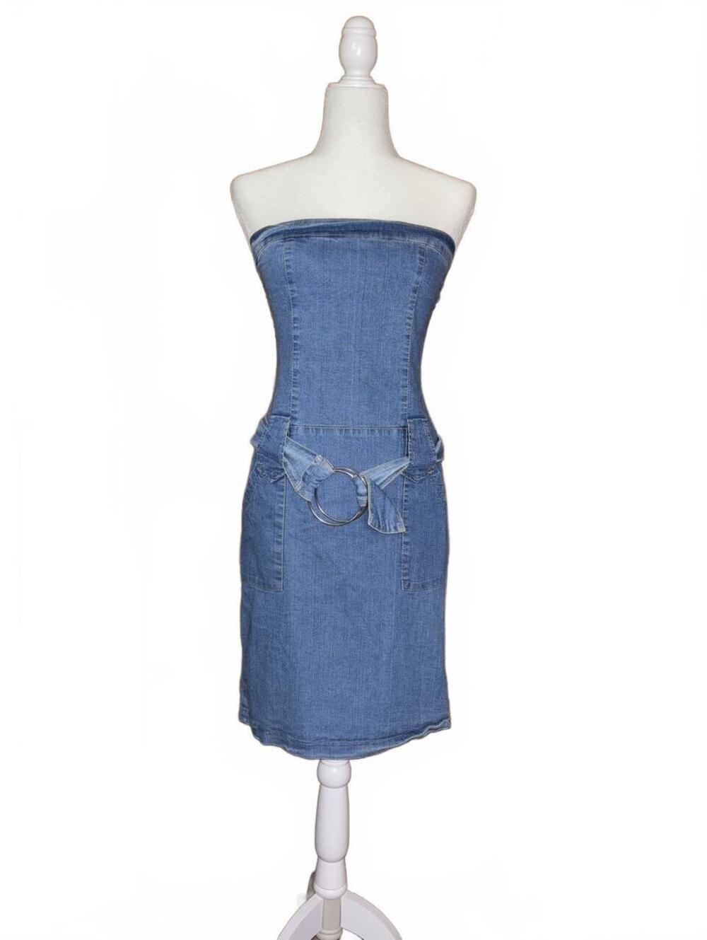 Y2K Forever 21 Blue denim strapless mini dress with belt and pockets